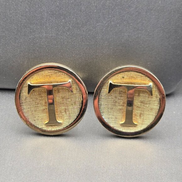 VTG Shields Gold Tone Monogram T Cufflinks & Tie Clip Set 1.5" & .75" Textured - Picture 2 of 9